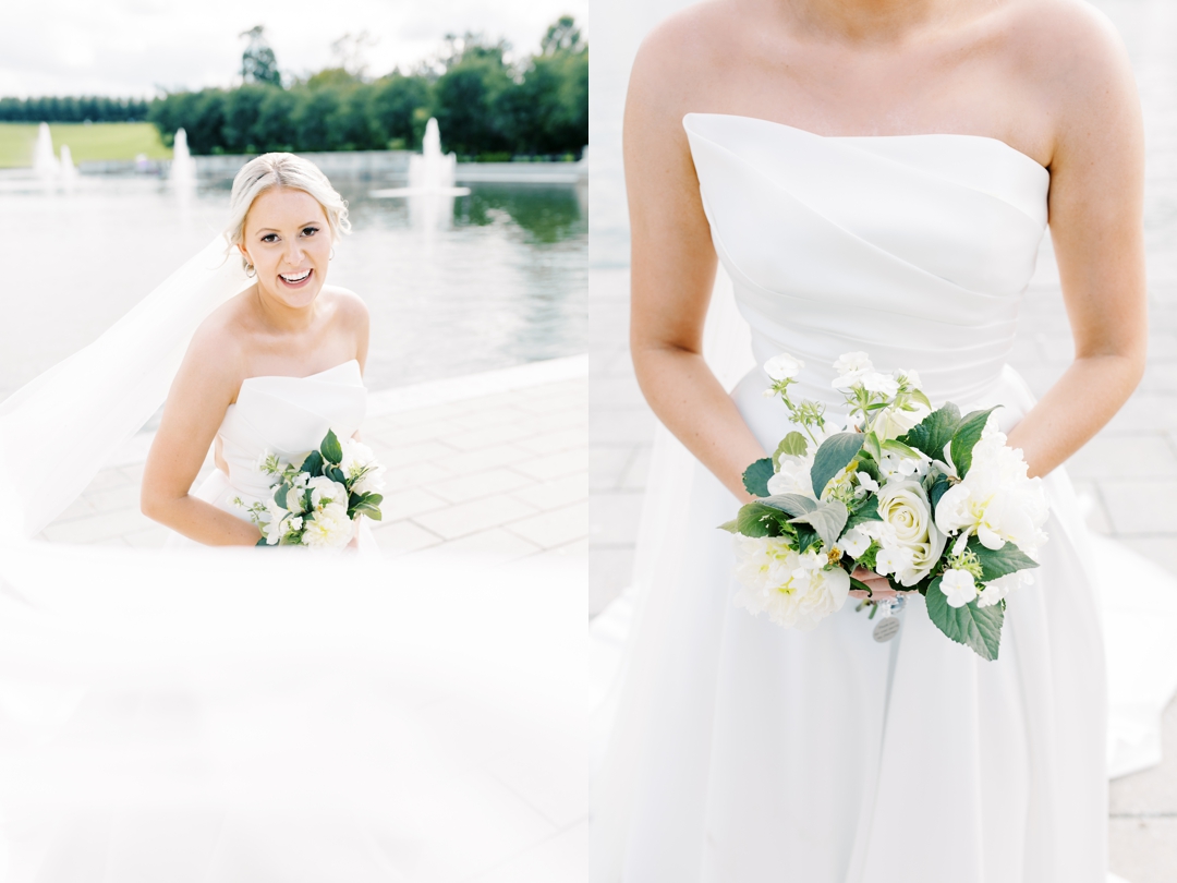 Close-up of Amanda’s bridal bouquet featuring light and airy flowers.