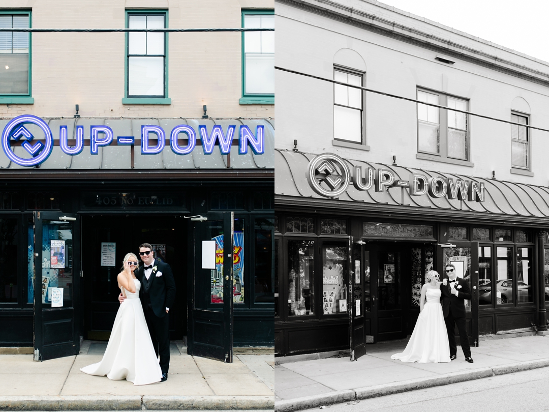 Playful bride and groom photos outside Up-Down STL in downtown St. Louis.