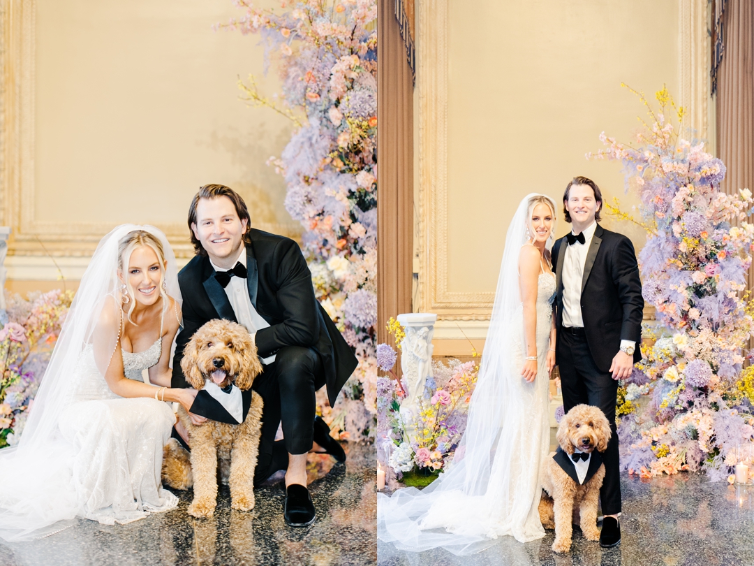 Deane and Jeff posing with their golden doodle, Donnie, in the elegant setting of the Missouri Athletic Club.