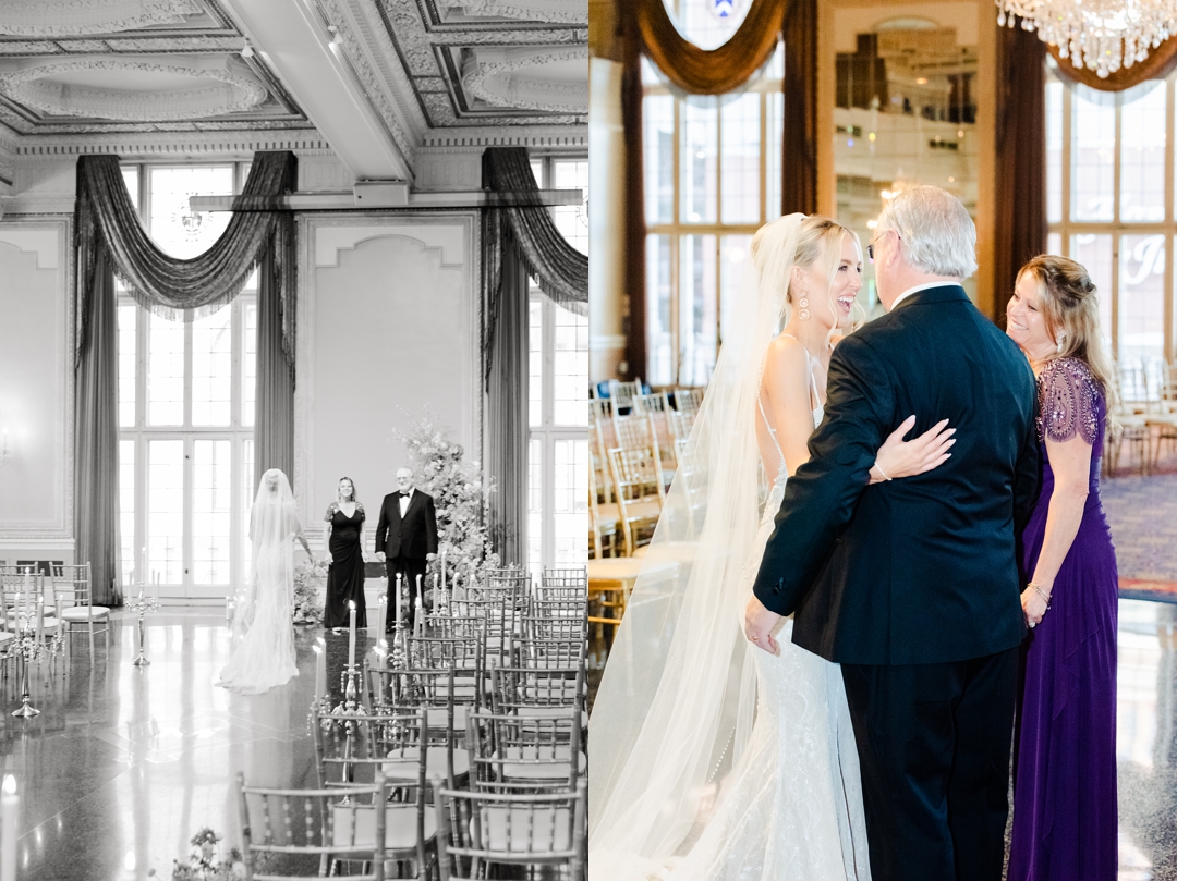 Bride Deane hugging her dad and stepmom during a heartfelt first look moment.