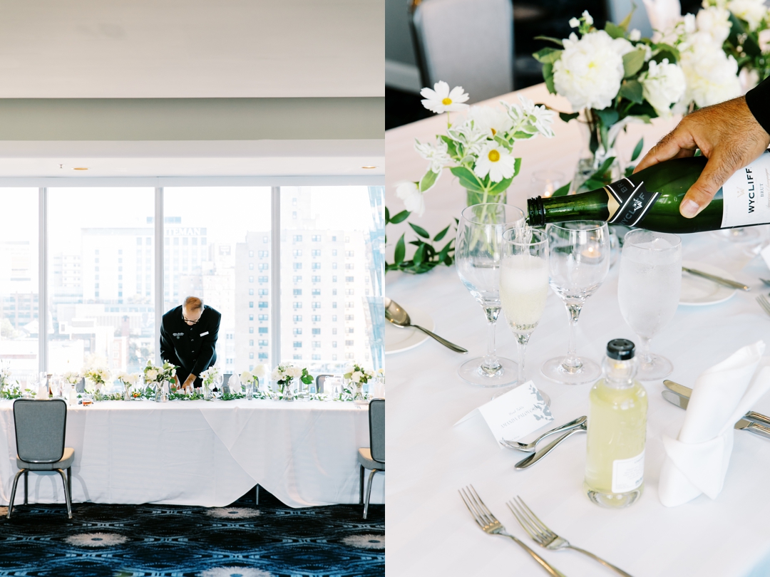 The Chase Park Plaza ballroom elegantly set up for Amanda and Mike’s wedding reception.