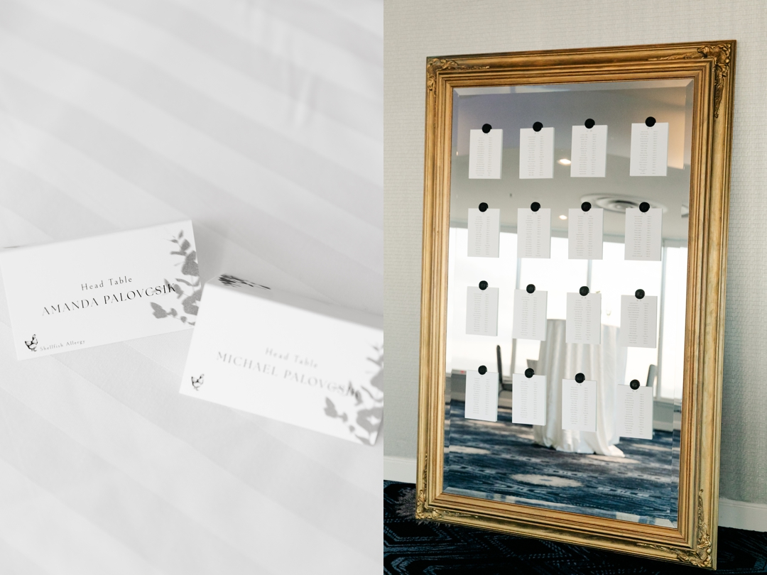 Close-up of guest name cards on a beautifully decorated reception table at The Chase Park Plaza.
