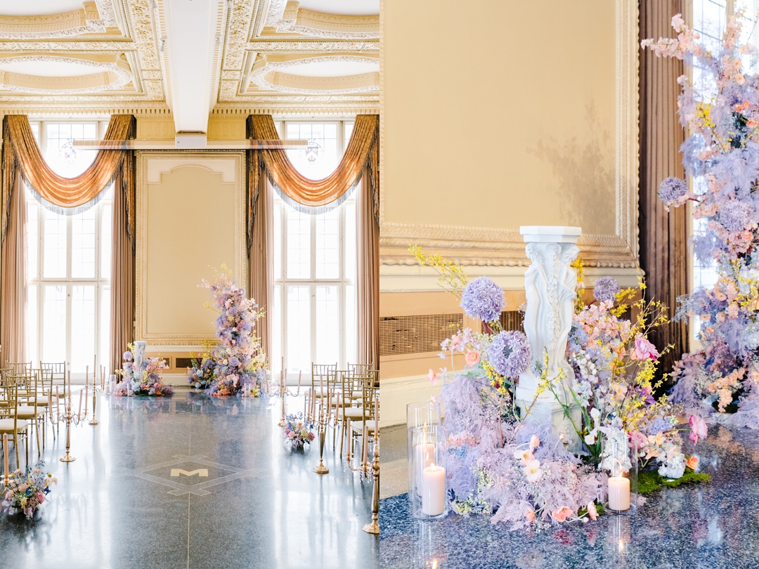 Close-up of the vibrant floral arrangements lining the aisle at Deane and Jeff’s wedding ceremony at the Missouri Athletic Club.