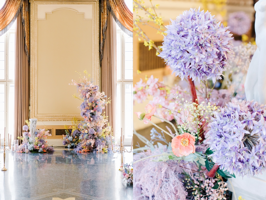 Close-up of the vibrant floral arrangements lining the aisle at Deane and Jeff’s wedding ceremony at the Missouri Athletic Club.