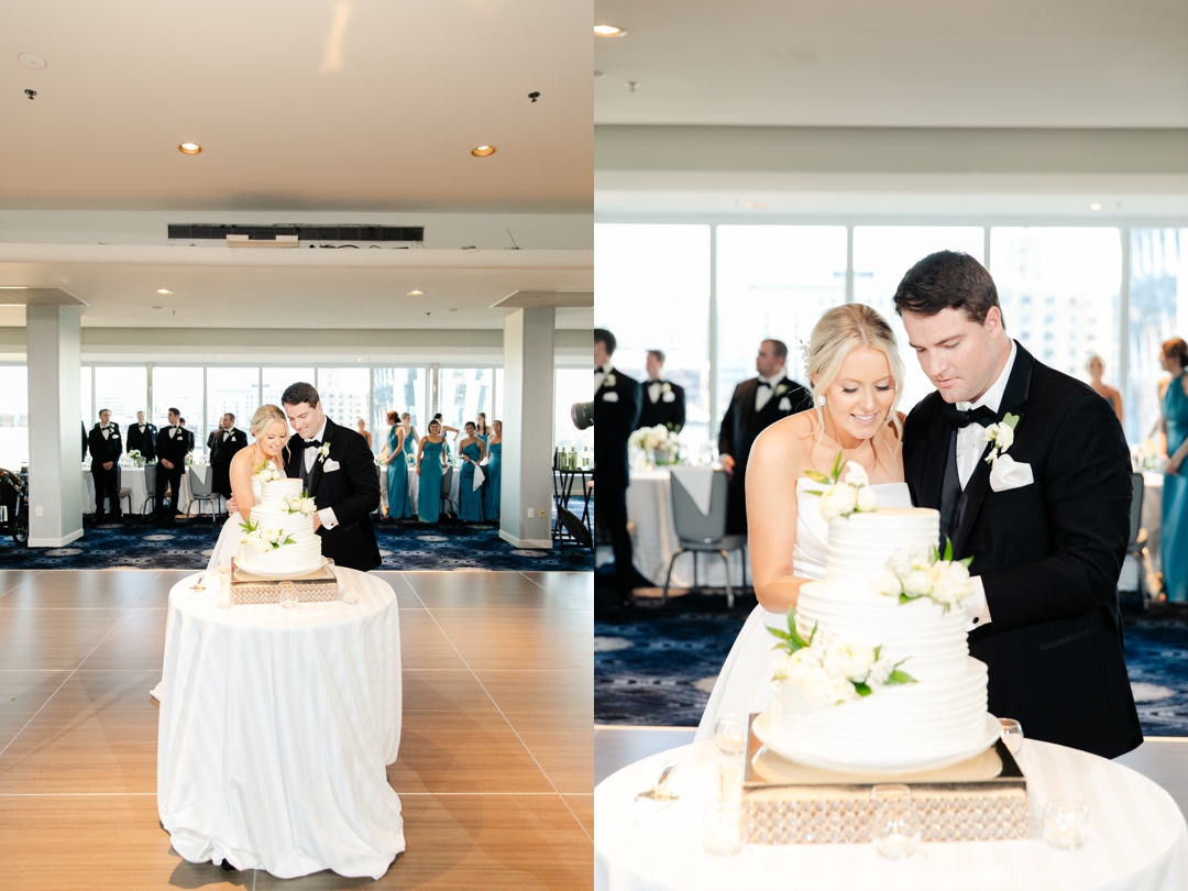 Bride Amanda and groom Mike cutting their wedding cake during the reception at The Chase Park Plaza.