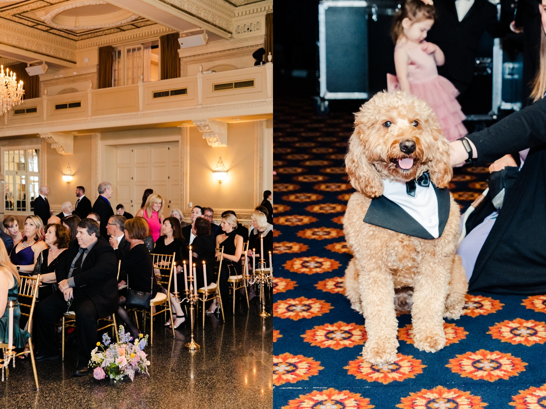 Guests seated at Deane and Jeff’s wedding ceremony, framed by lush floral décor and butterfly accents.