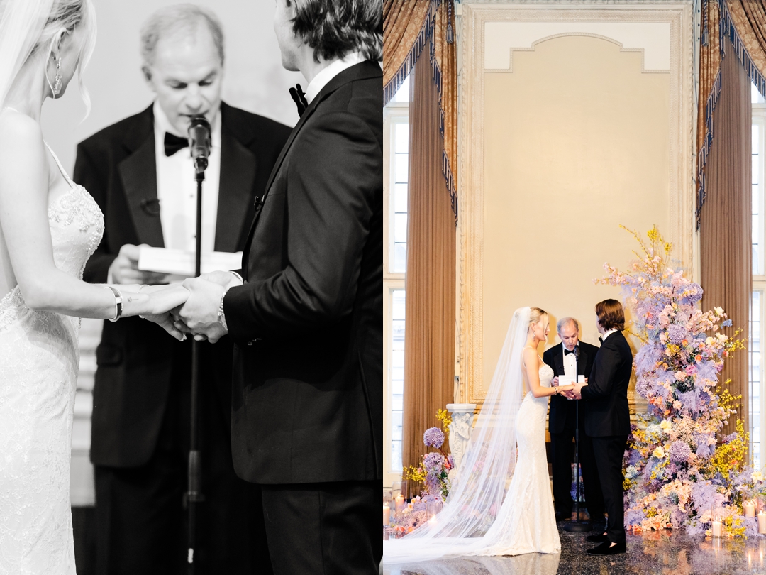 Deane and Jeff exchanging vows in an elegant ceremony at the Missouri Athletic Club, surrounded by vibrant spring florals.