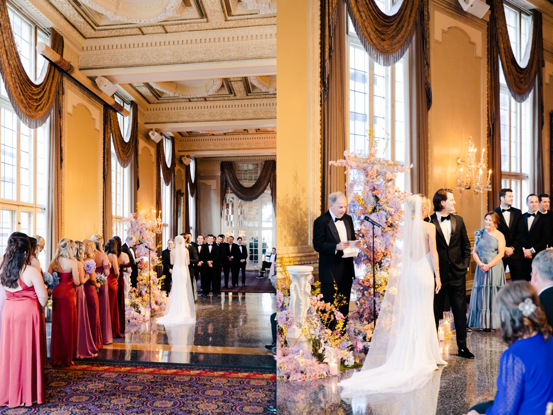 Deane and Jeff exchanging vows in an elegant ceremony at the Missouri Athletic Club, surrounded by vibrant spring florals.