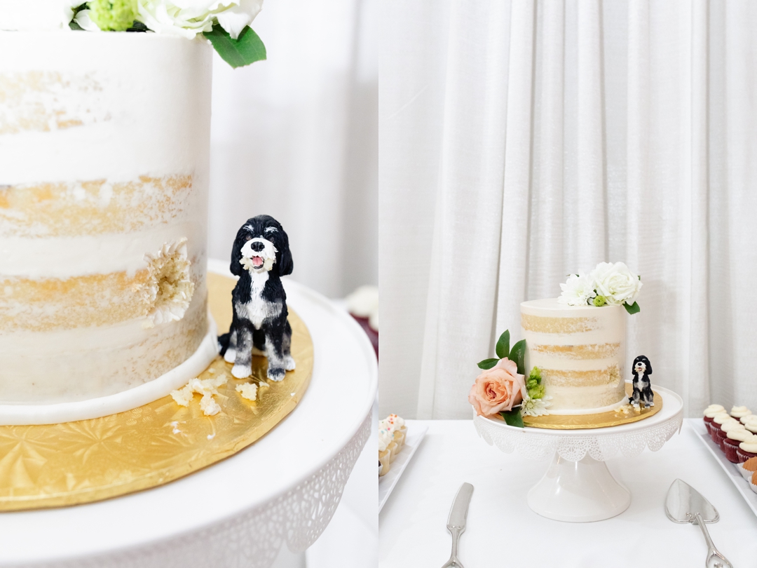 Close-up of the dessert bar featuring a small wedding cake with a whimsical Bear cake topper