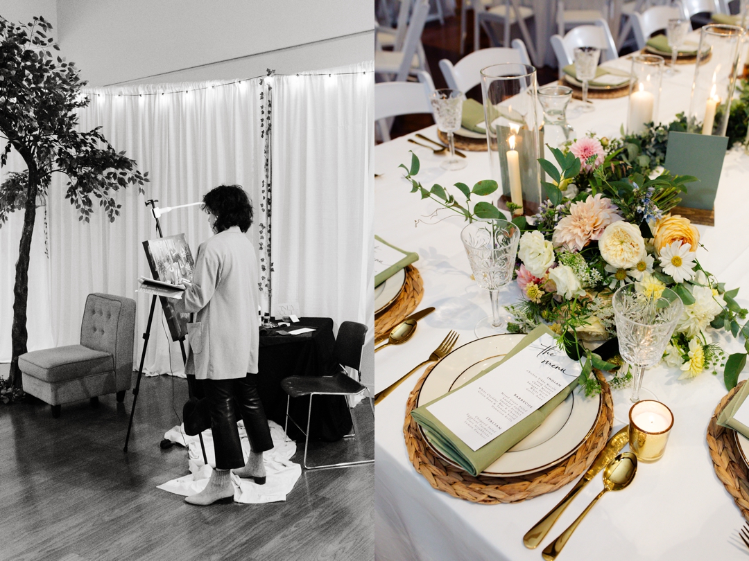 Live painter capturing the wedding reception at United Hebrew Congregation.