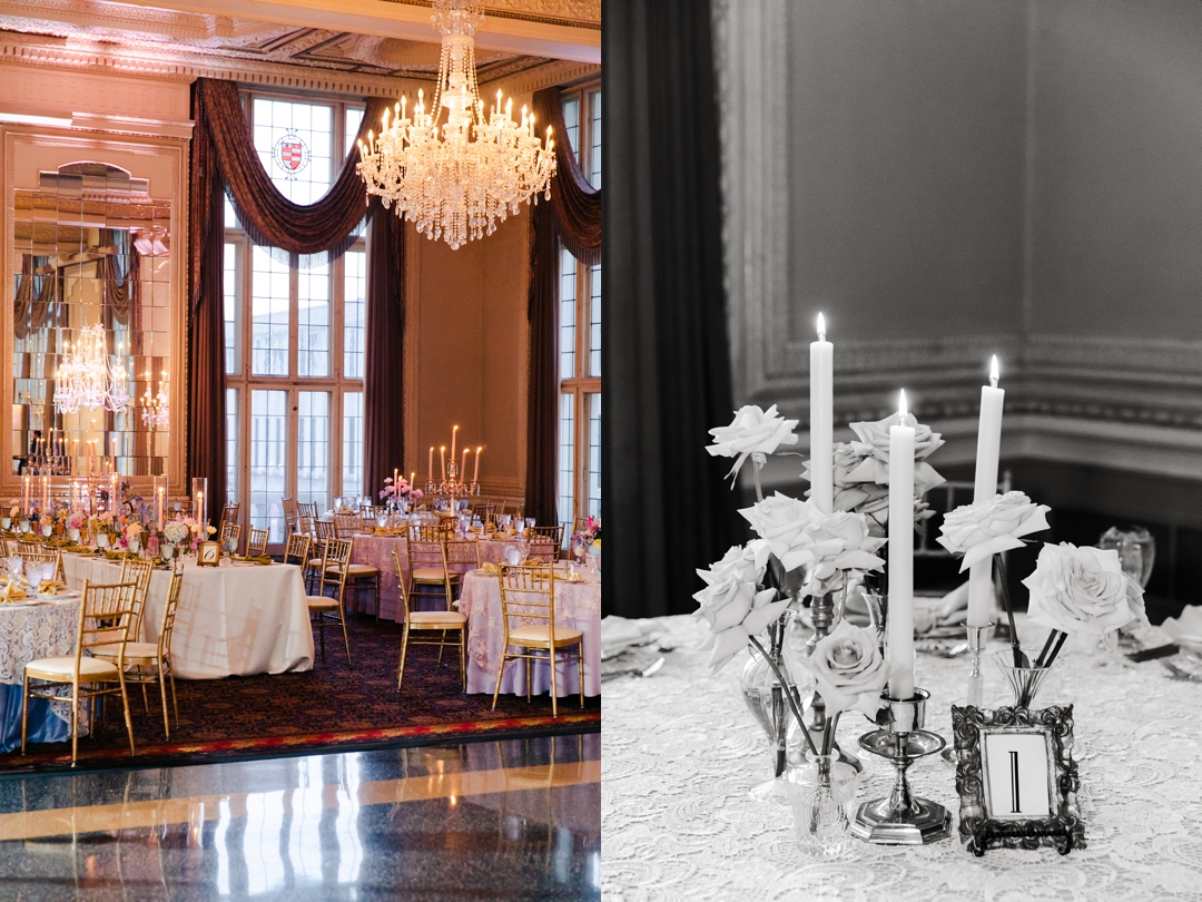 Elegant reception table featuring mismatched vintage plates, butterfly accents, and lush floral centerpieces at the Missouri Athletic Club.