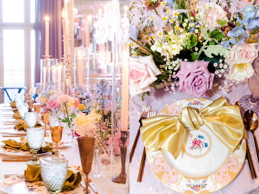 Unique butterfly accents adorning the plates and table décor at the Missouri Athletic Club reception.