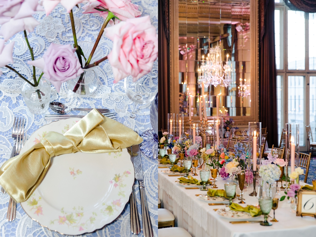 Unique butterfly accents adorning the plates and table décor at the Missouri Athletic Club reception.