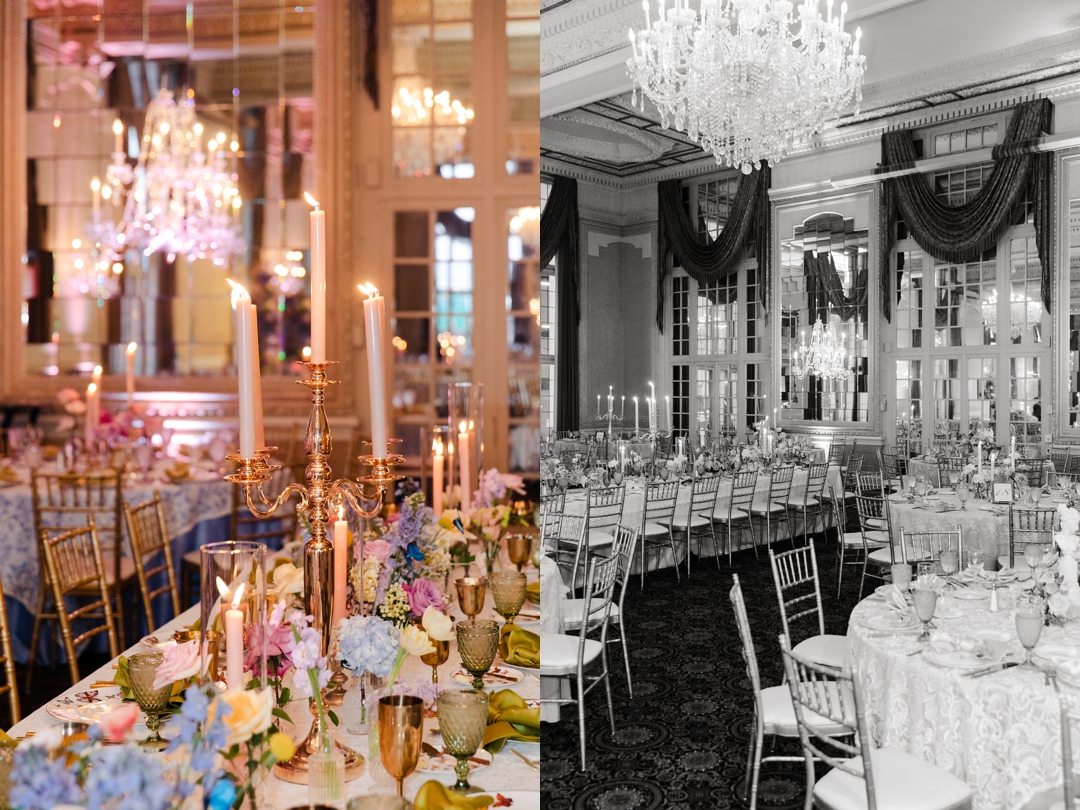Elegant reception table featuring mismatched vintage plates, butterfly accents, and lush floral centerpieces at the Missouri Athletic Club.