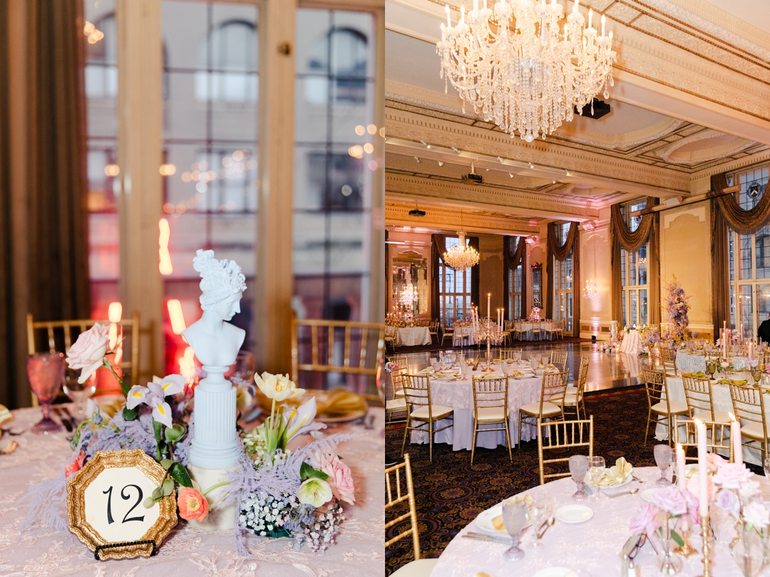 Elegant reception table featuring mismatched vintage plates, butterfly accents, and lush floral centerpieces at the Missouri Athletic Club.