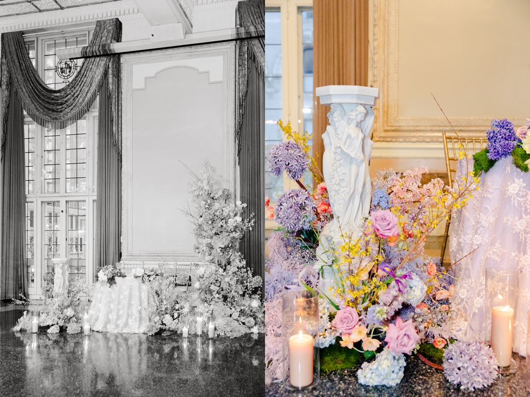 Close-up of the head table at Deane and Jeff’s reception, featuring intricate butterfly accents and vibrant flowers.