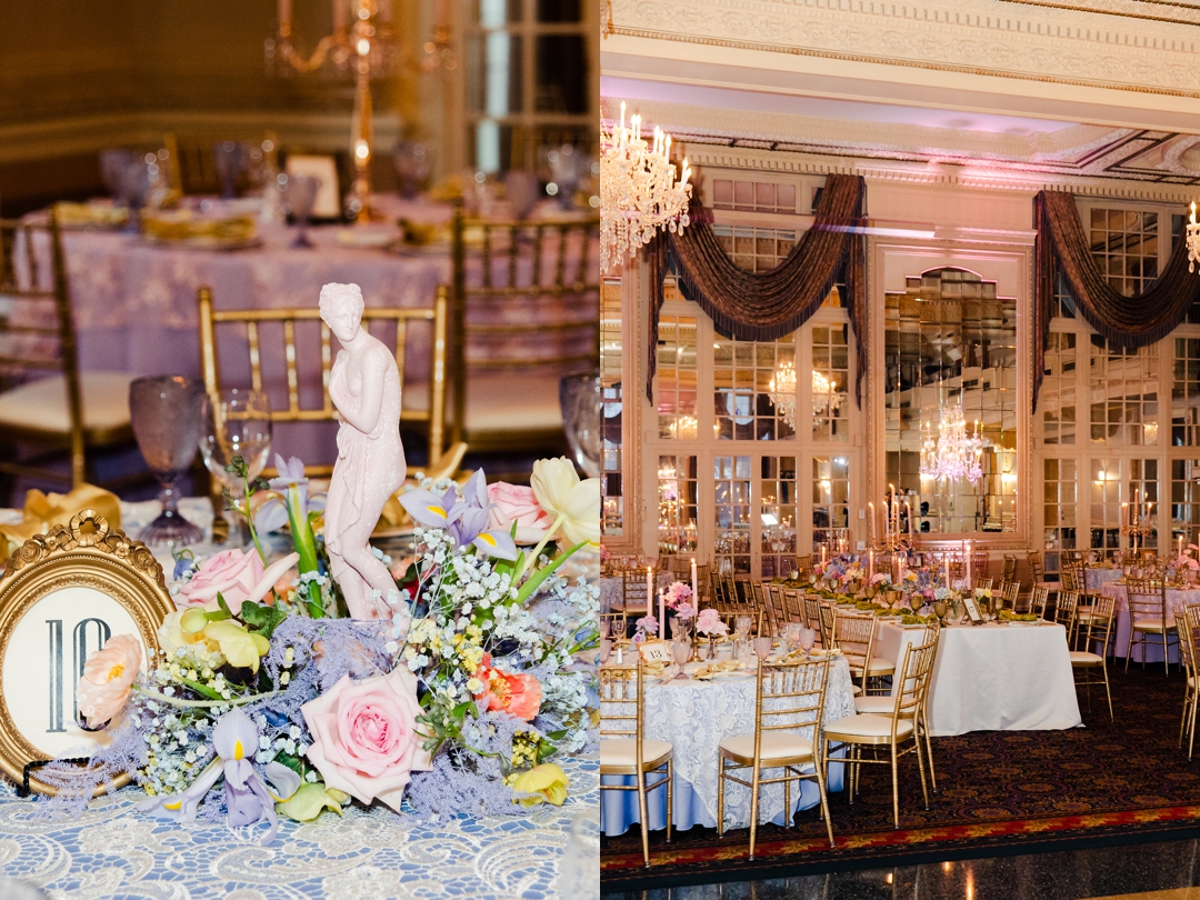 Elegant reception table featuring mismatched vintage plates, butterfly accents, and lush floral centerpieces at the Missouri Athletic Club.