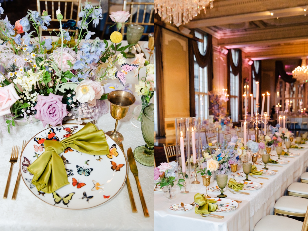 Close-up of a beautifully crafted place setting with butterfly-themed décor and vibrant spring flowers.