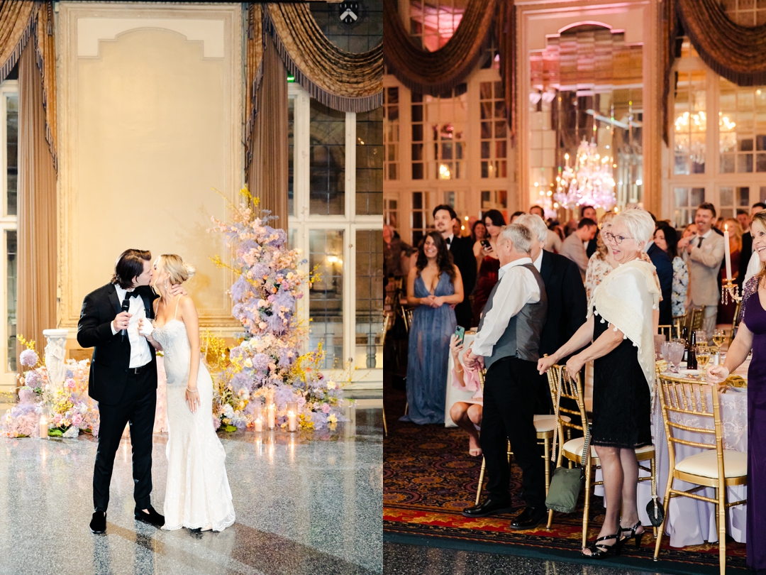 Guests celebrating during Deane and Jeff’s reception at the Missouri Athletic Club, surrounded by lush floral arrangements.