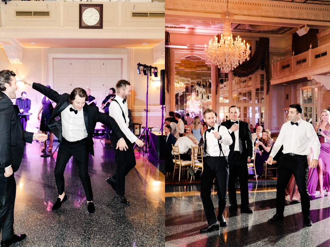 Lively wedding guests enjoying the music on the packed dance floor during Deane and Jeff’s reception.