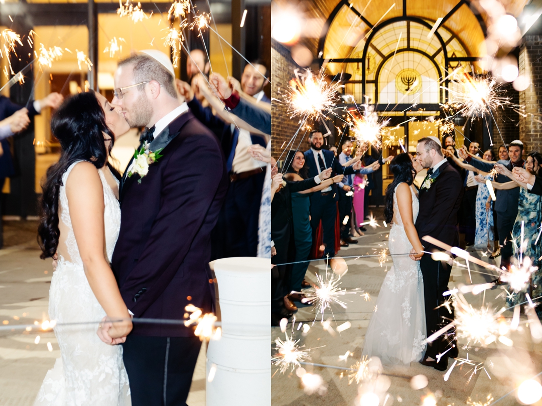 Allie and Nate’s sparkler exit surrounded by friends and family at United Hebrew Congregation.