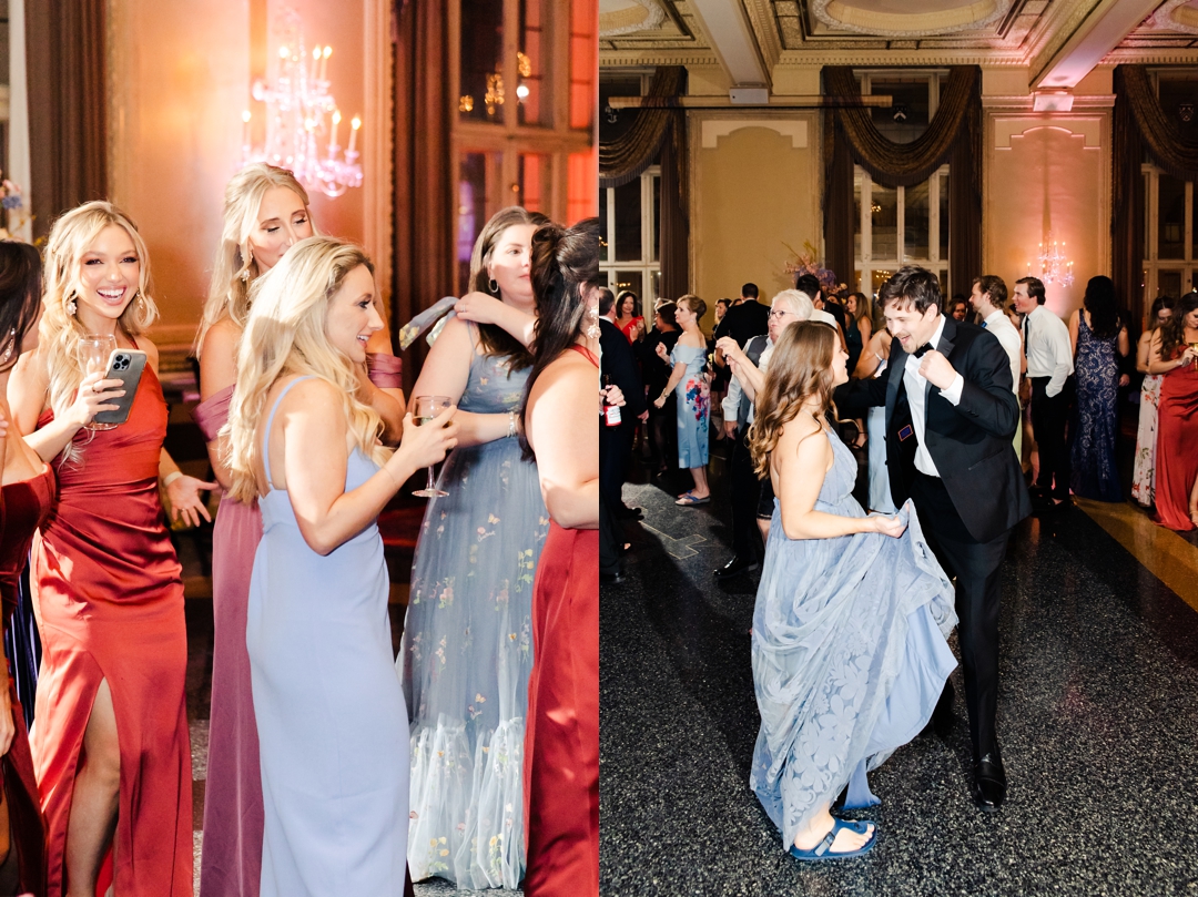 Lively wedding guests enjoying the music on the packed dance floor during Deane and Jeff’s reception.