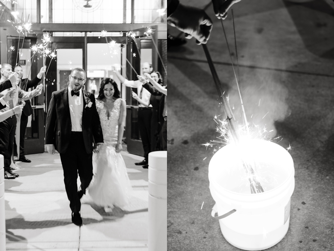 Allie and Nate’s sparkler exit surrounded by friends and family at United Hebrew Congregation.