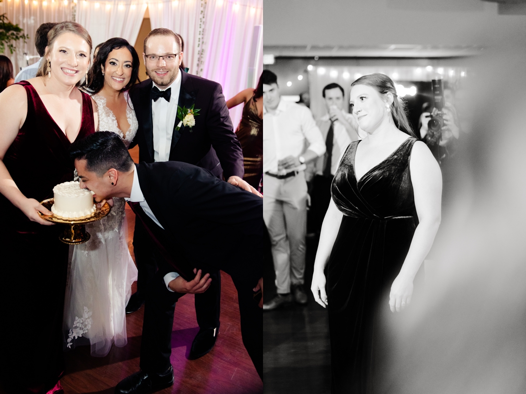 Guests singing Happy Birthday to Allie and Nate’s friend on the dance floor during the reception.