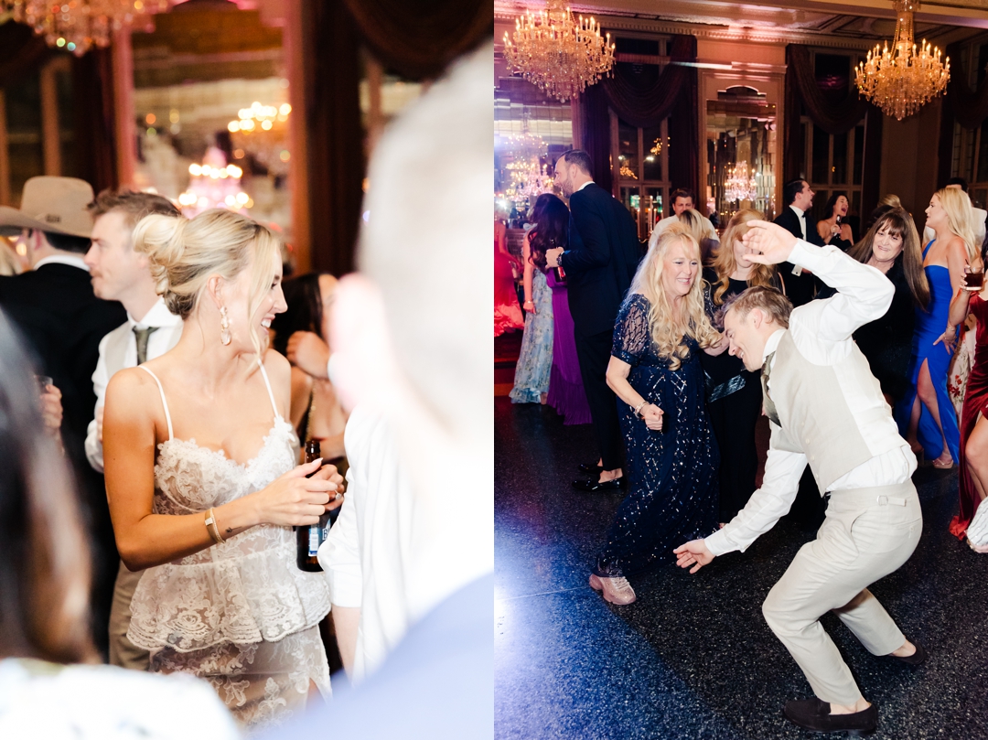 Lively wedding guests enjoying the music on the packed dance floor during Deane and Jeff’s reception.