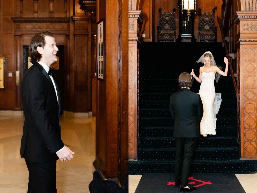 Bride Deane descending the grand staircase at the Missouri Athletic Club, holding a bottle of champagne for her first look.