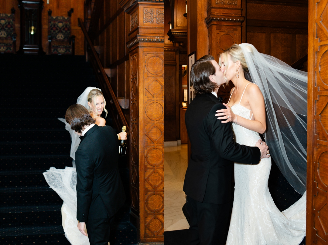 Bride and groom sharing a kiss in the elegant wood-paneled interior of the Missouri Athletic Club.
