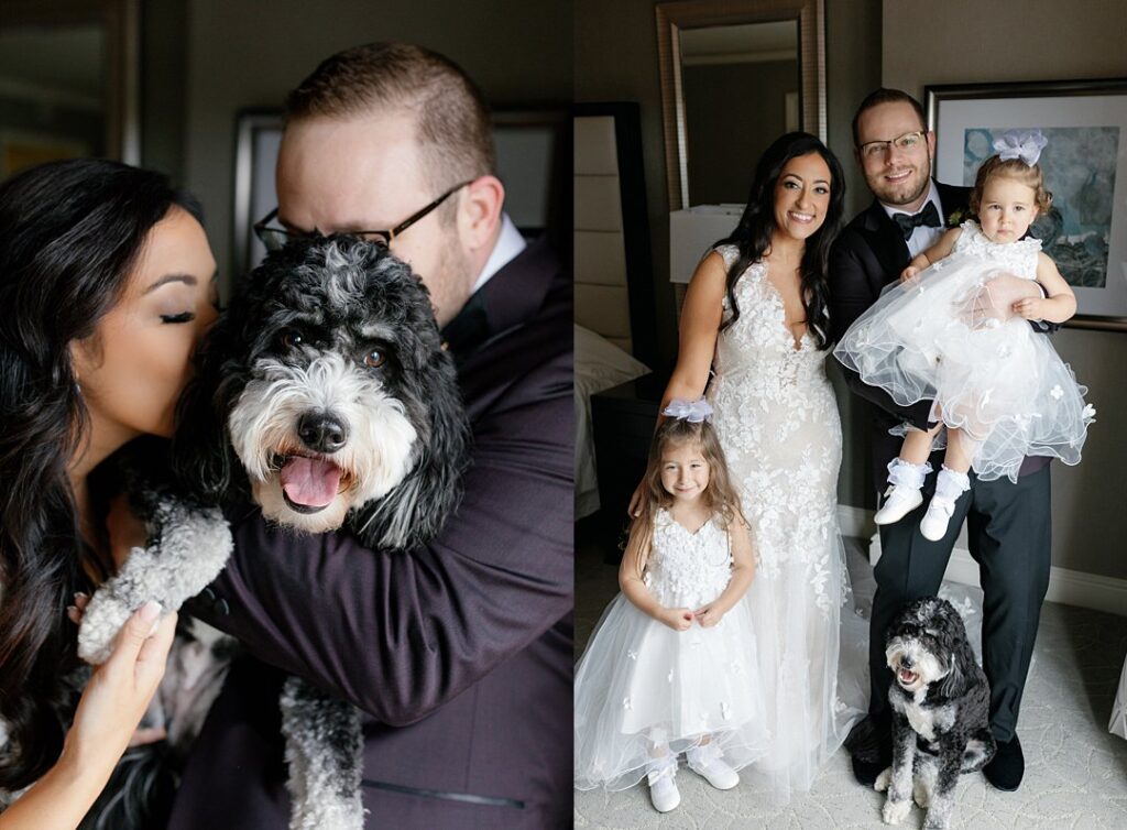 Wedding couple with children and dog