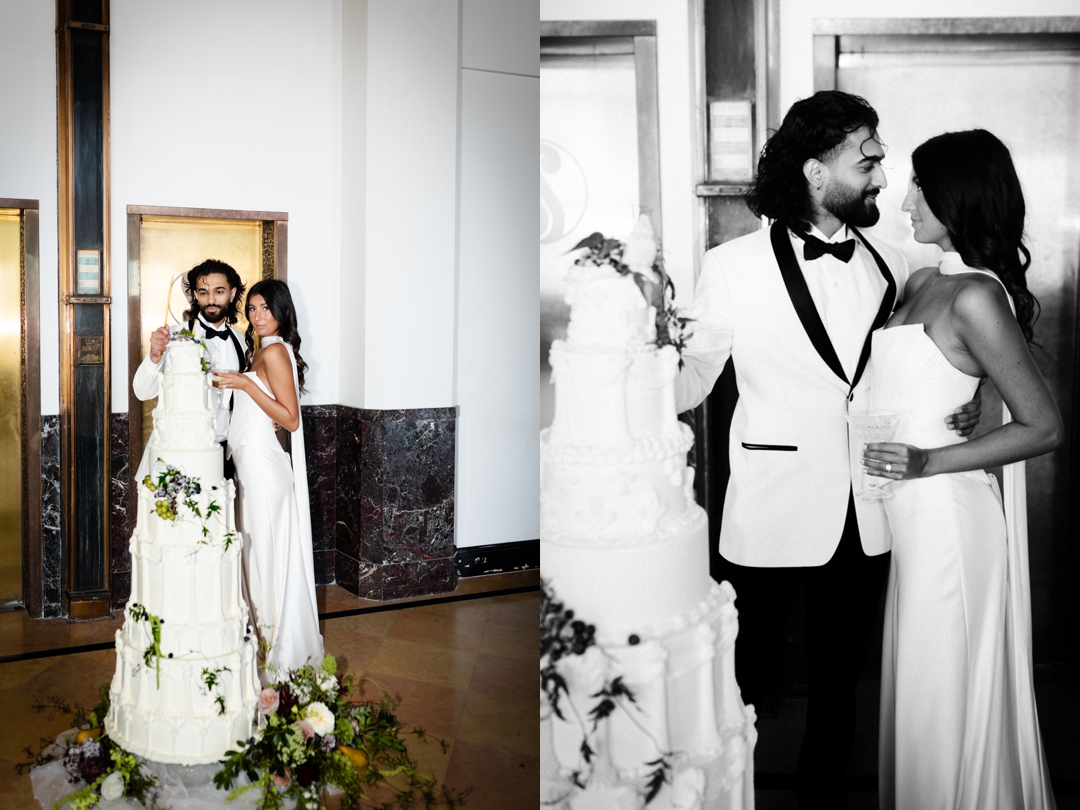 Bride and groom cutting a life-size wedding cake – A couple slices into their grand, multi-tiered cake, celebrating with a high-fashion editorial look