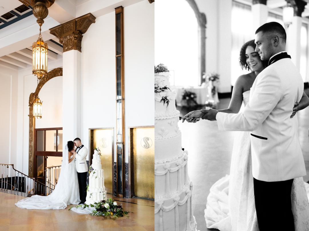 Bride and groom cutting a life-size wedding cake – A couple slices into their grand, multi-tiered cake, celebrating with a high-fashion editorial look.