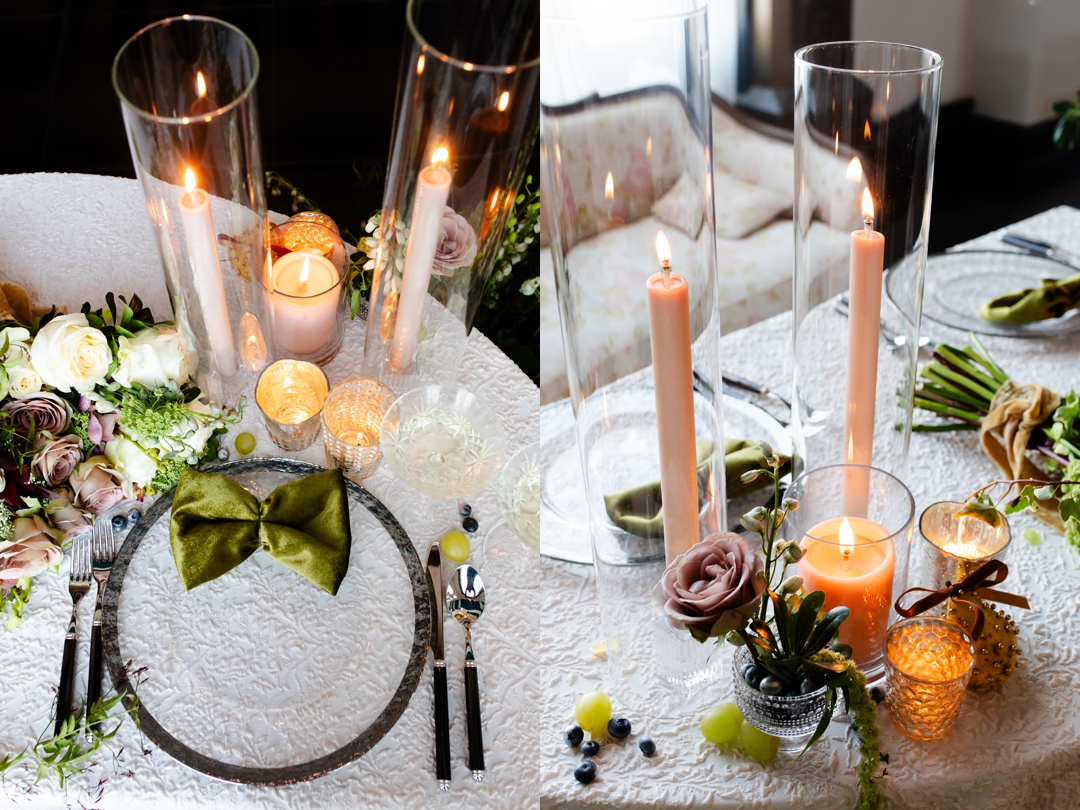 Luxury wedding tablescape styled by Styled & Staged STL and Zhuzh Rentals at The Noble St. Louis, featuring black linens, gold flatware, crystal glassware, and moody floral arrangements by Rouge Floral Design.
