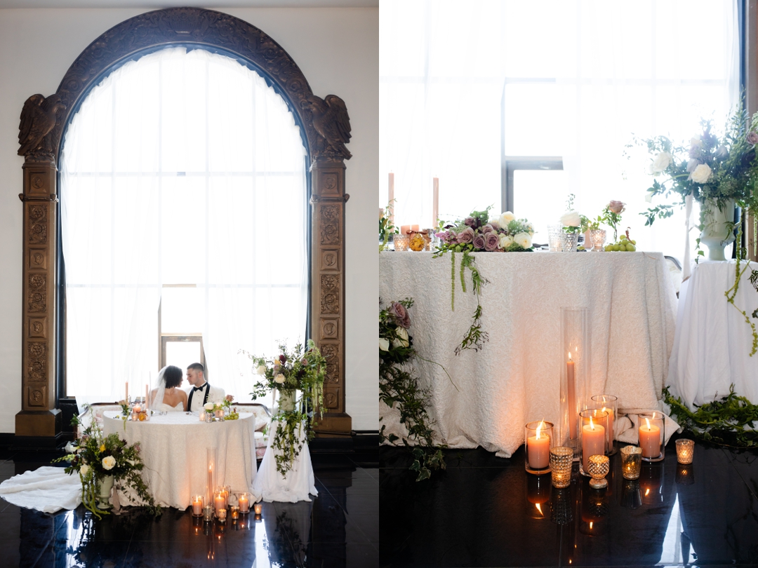 The Noble St. Louis wedding venue with soaring vaulted ceilings and large Art Deco windows, creating a dramatic backdrop for a luxury wedding.