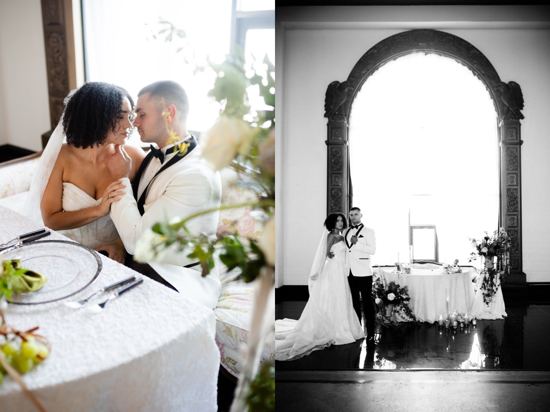 The Noble St. Louis wedding venue with soaring vaulted ceilings and large Art Deco windows, creating a dramatic backdrop for a luxury wedding.