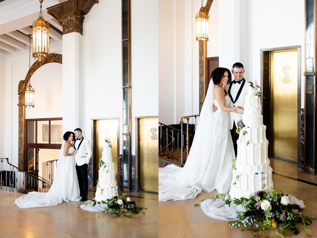 Three-tiered Art Deco-inspired wedding cake by Cake House Design, featuring sleek geometric patterns and floral accents, set against The Noble St. Louis wedding venue.