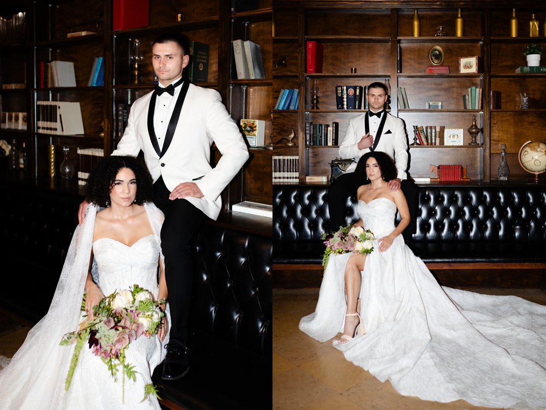 Fashion-forward bride in a sleek gown from Bridal Parlor and groom in a tailored suit from Savvi Weddings & Prom, photographed in The Noble’s luxury Art Deco setting.