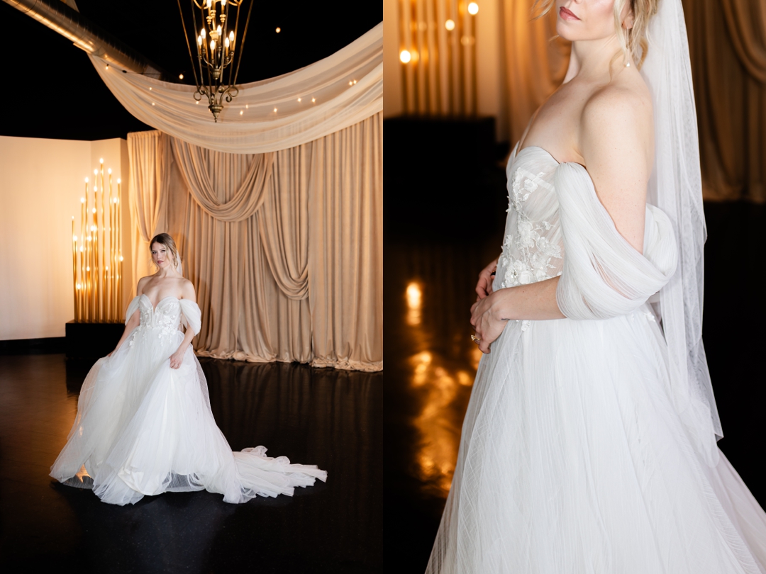 Fashion-forward bride in a sleek gown from Ultimate Bride STL and groom in a tailored suit from Savvi Weddings & Prom, photographed in The Noble’s luxury Art Deco setting.