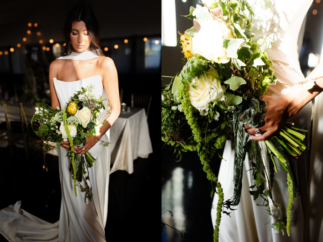 Bridal bouquet by Rouge Floral Design with moody burgundy florals, soft blush roses, and cascading greenery, perfect for a modern and romantic wedding look.