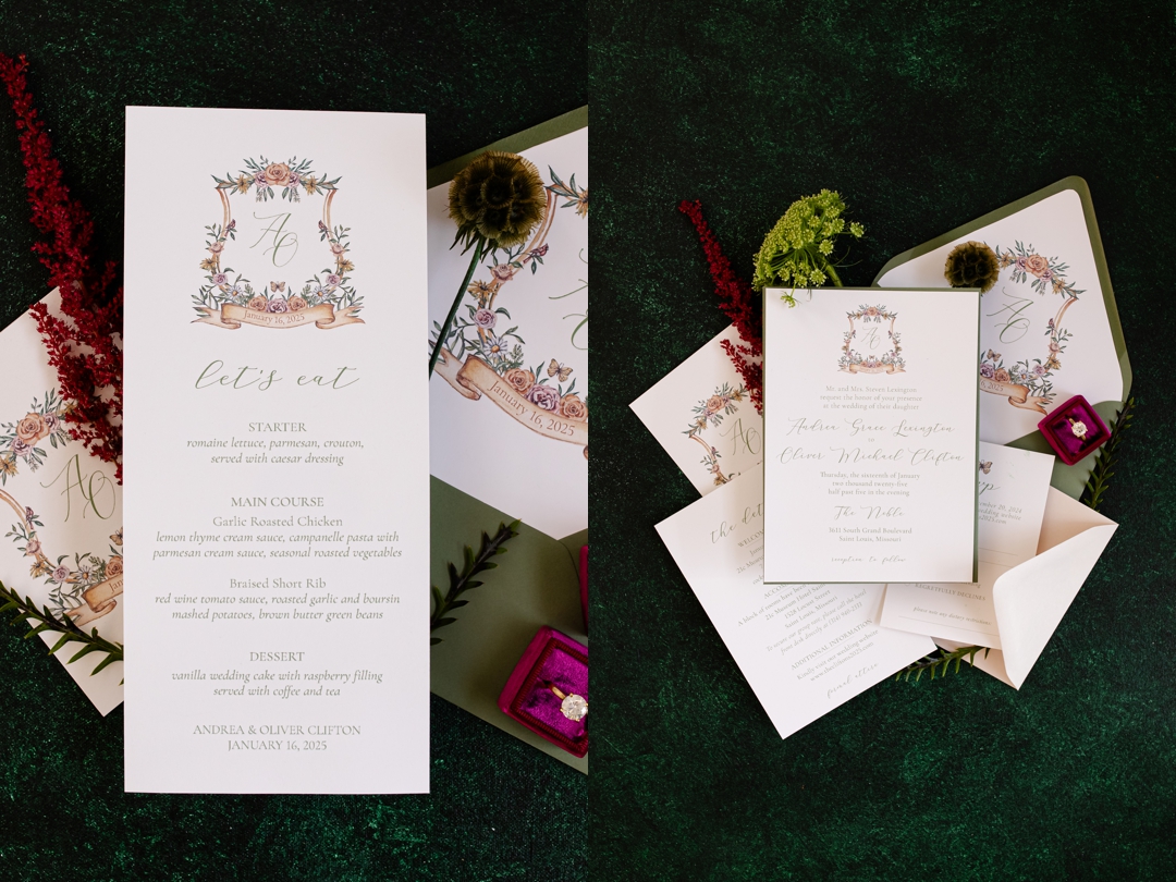 Modern wedding stationery by Artfully Overjoyed with bold typography, delicate gold-foil accents, and a sleek black and white color palette, styled for a high-end wedding.