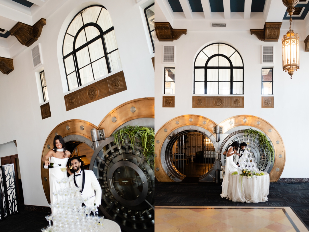 Close-up of detailed piping and fruit on the wedding cake – A luxury wedding cake with elegant buttercream detailing and cascading sugared grapes and pears.