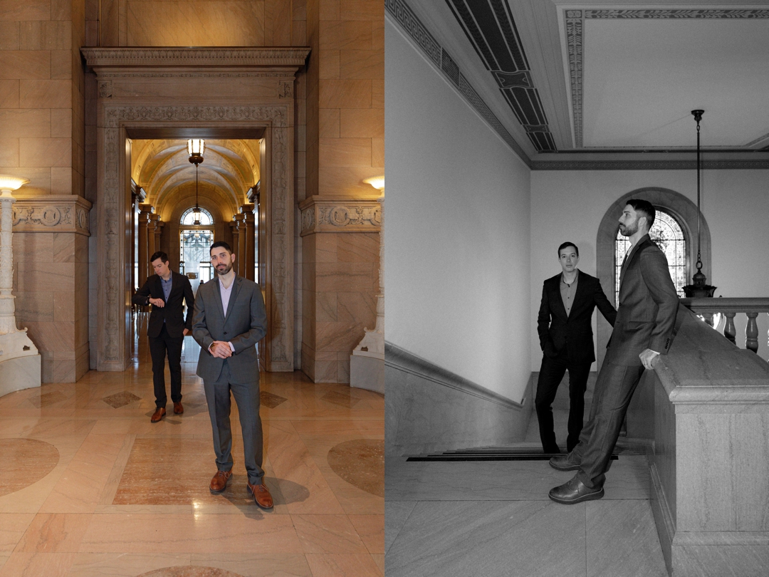 LGBTQ+ couple inside the St. Louis Central Library in a loose editorial style.