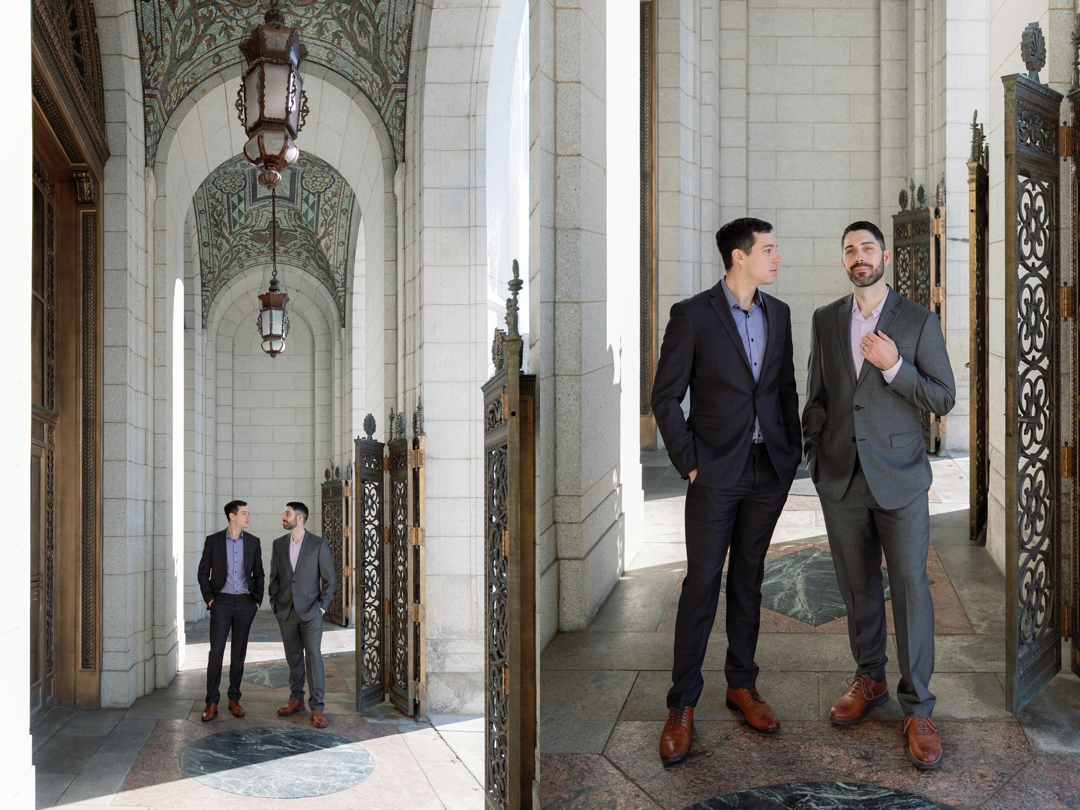 Architectural photography at St. Louis Central Library featuring a gay couple.
