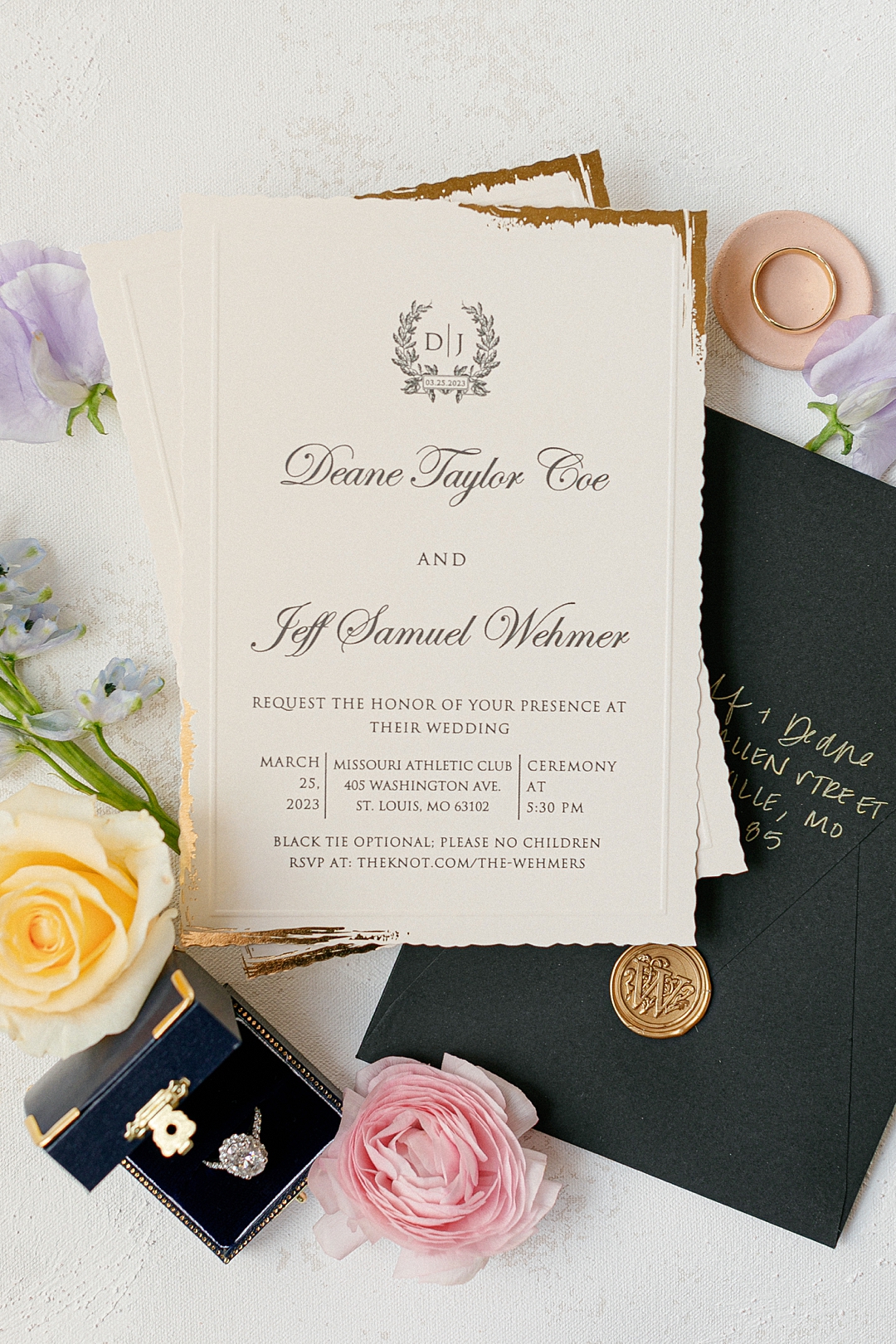 Colorful stationery and wedding details for a Missouri Athletic Club celebration