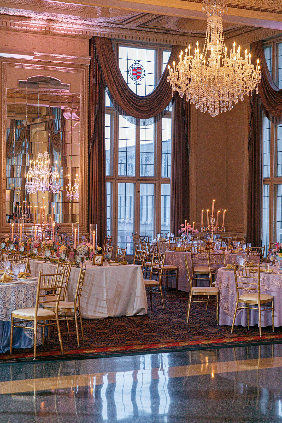 Finished St. Louis wedding reception room photographed before guests enter