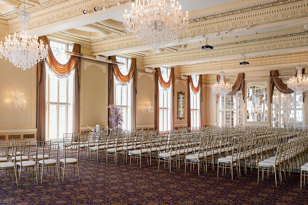 Wedding ceremony setup inside the historic Missouri Athletic Club ballroom