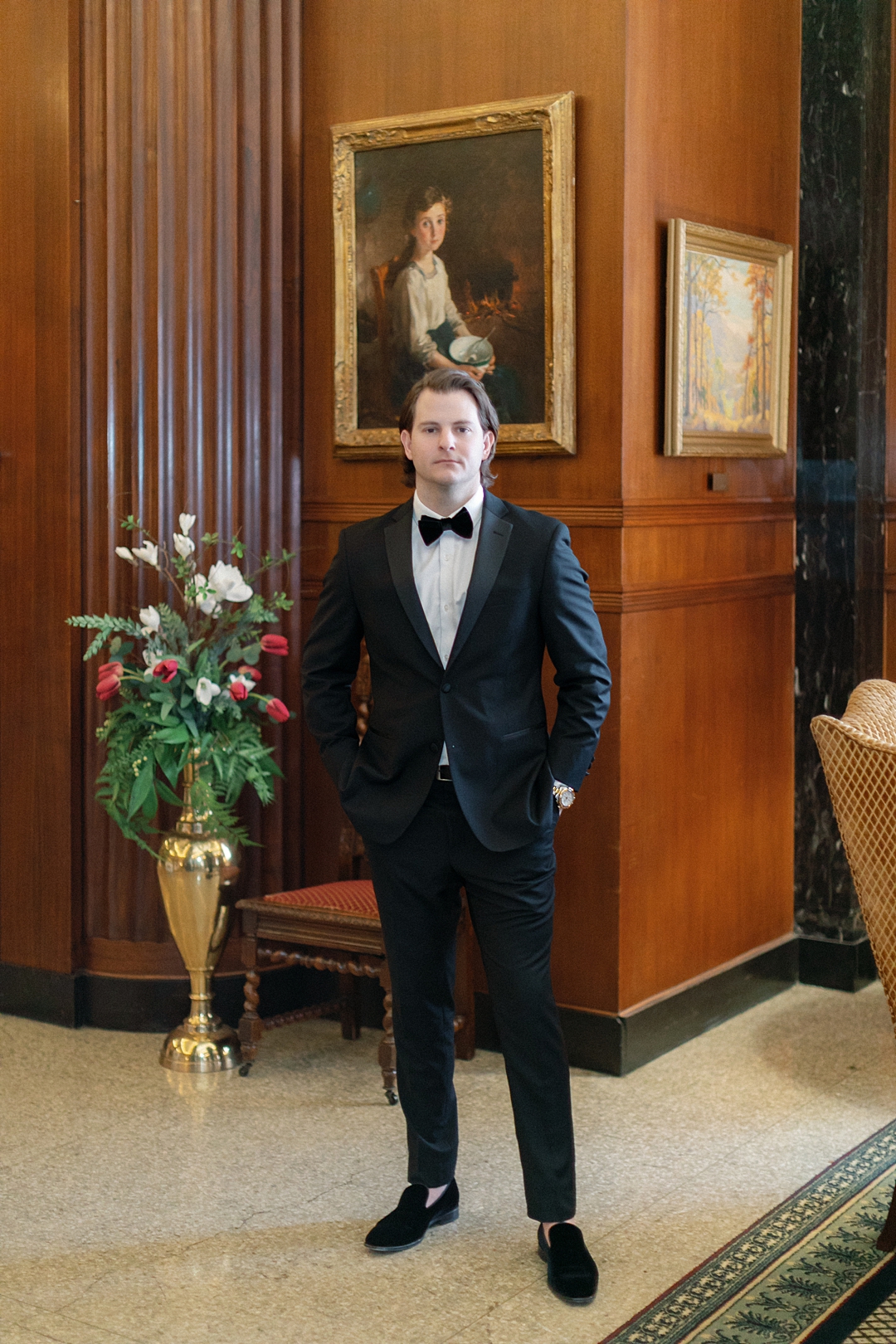 Black-tie groom portrait inside the Missouri Athletic Club