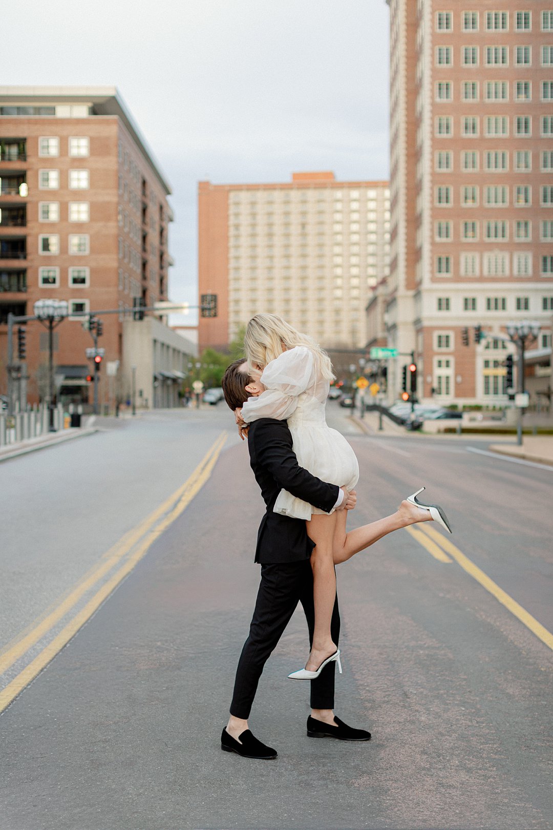 Romantic couple portrait from downtown Clayton engagement session